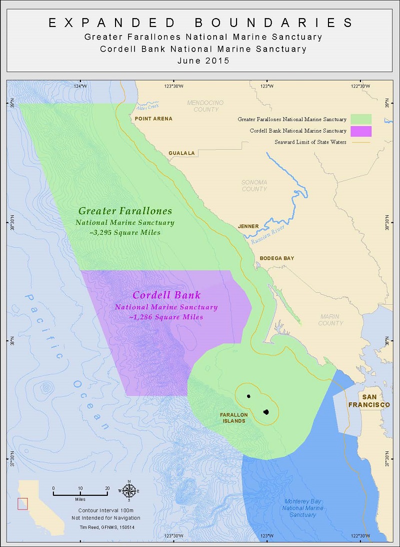 Map of expanded Greater Farallones and Cordell Bank National Marine Sanctuaries