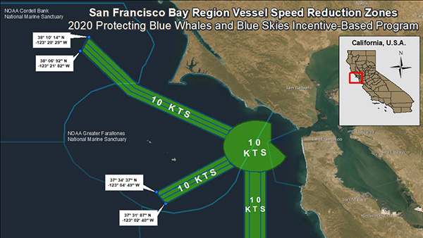Map of the sanctuaries showing the vessel speed reduction zones