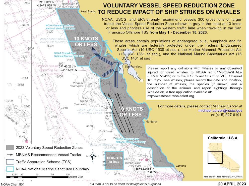 2023 NOAA/USCG/EPA voluntary Vessel Speed Reduction Zone for the San Francisco and 
              Monterey Bay regions. Reducing speed to 10 knots or less reduces air emissions, the risk of a fatal ship strike on whales, and ocean noise. Credit: NOAA