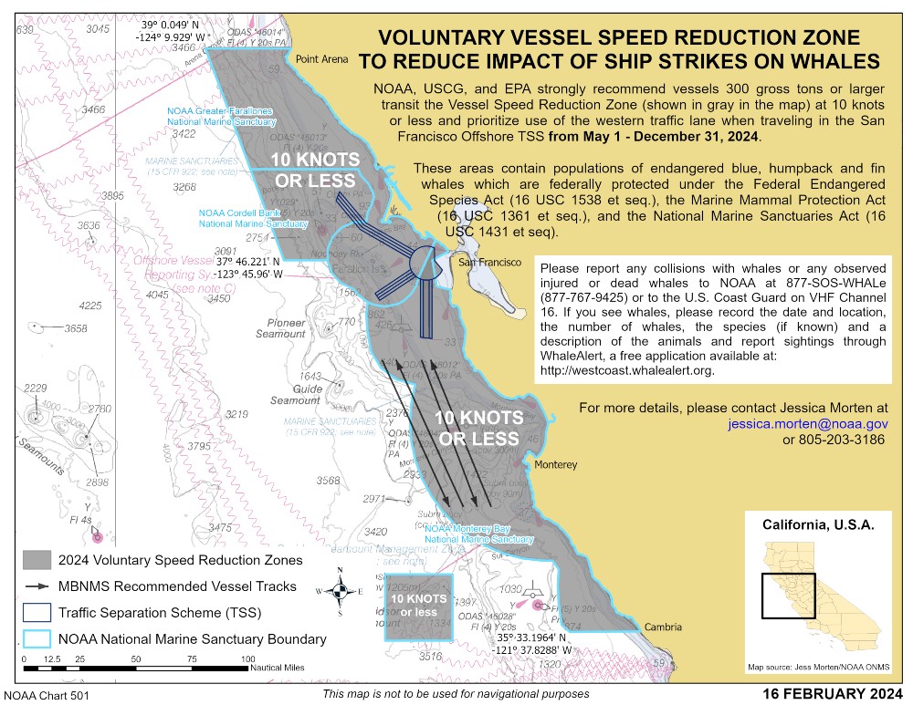 2024 NOAA/USCG/EPA voluntary Vessel Speed Reduction Zone for the San Francisco and 
              Monterey Bay regions. Reducing speed to 10 knots or less reduces air emissions, the risk of a fatal ship strike on whales, and ocean noise. Credit: NOAA