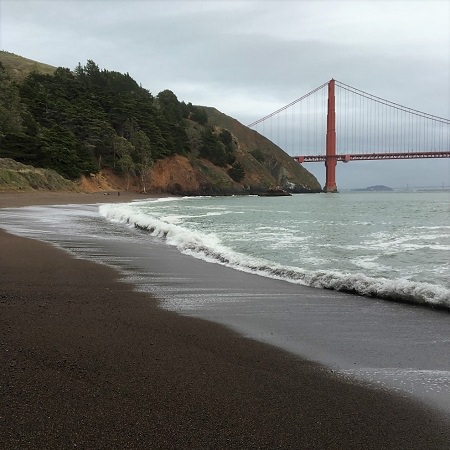 A beach shore with the Golden Gate Bridge in the background.
