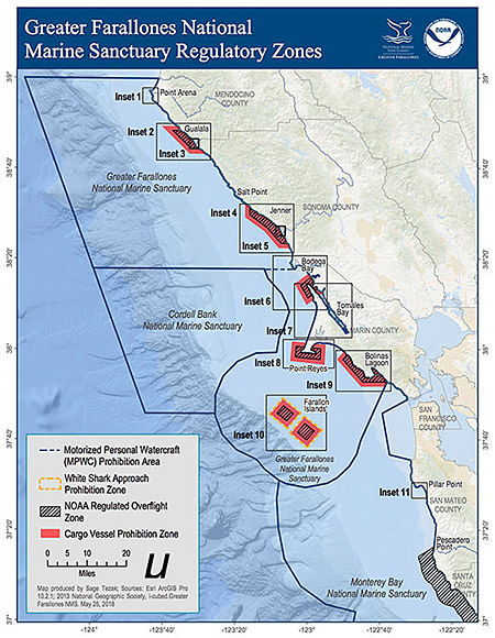 This maps shows all regulatory zones within Greater Farallones National Marine Sanctuary