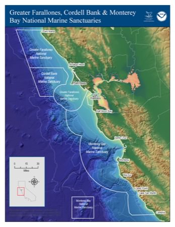 map of Three contiguous national marine sanctuaries off the central California coast